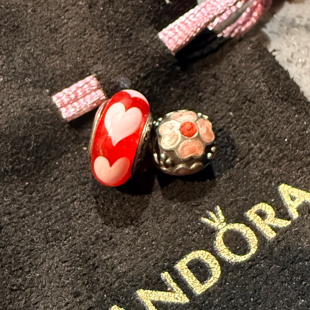 Pandora Red Heart Charm and Flower Charm